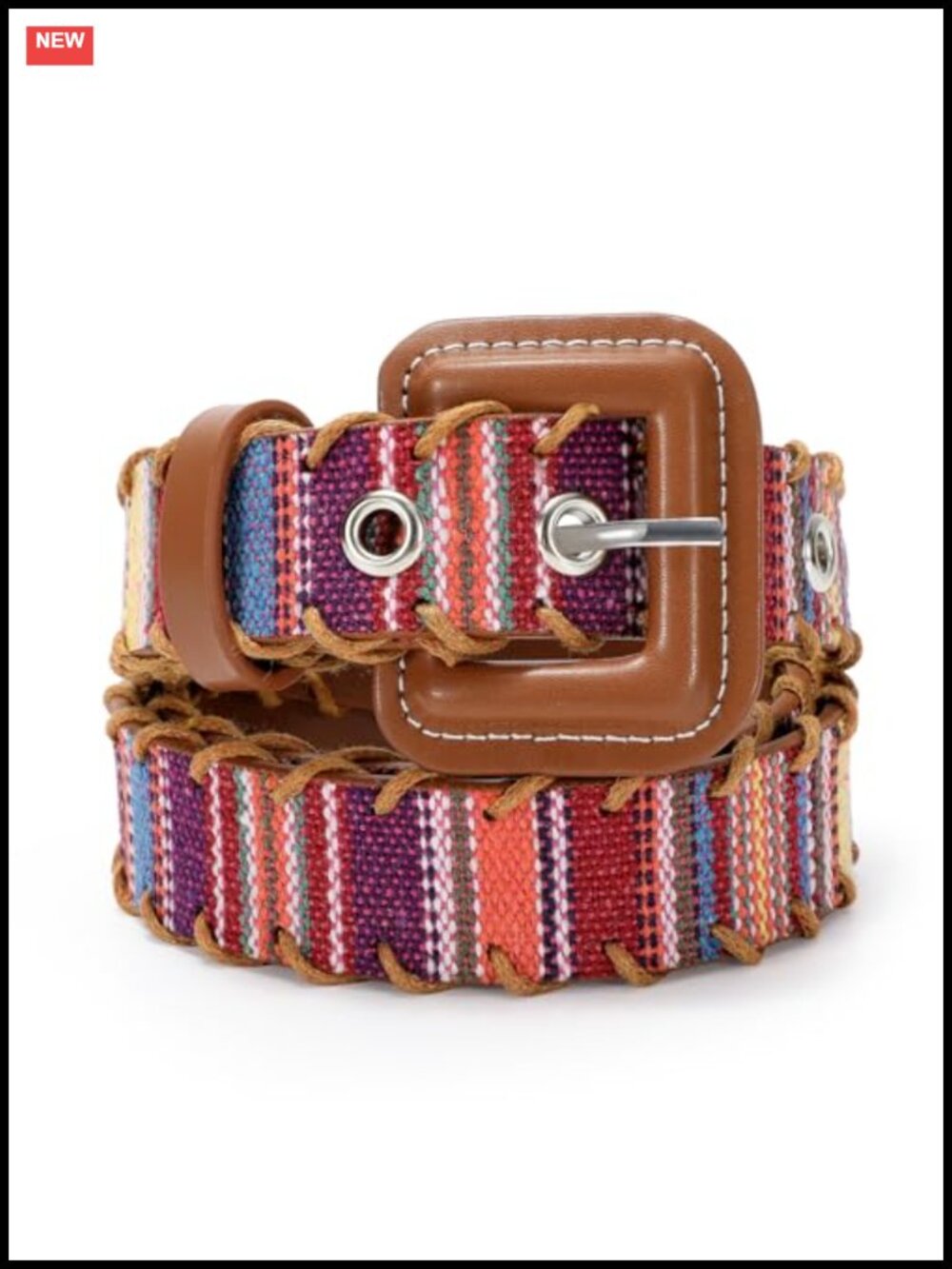 Woven Multicolor PU Leather Belt for Women Square Buckle Boho Waist Belt